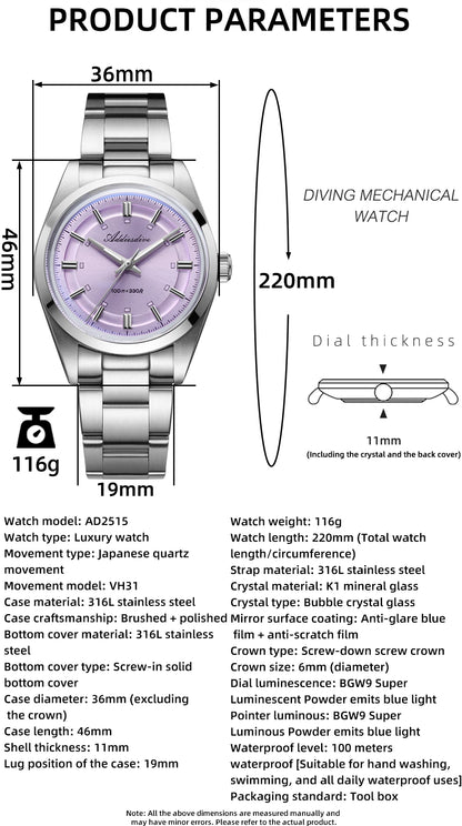 ADDIESDIVE 2026 New Luxury Men Analog Watch VH31 Bubble Glass Quartz Watch 10Bar BGW9 Luminous Steel Personalized Watch AD2515