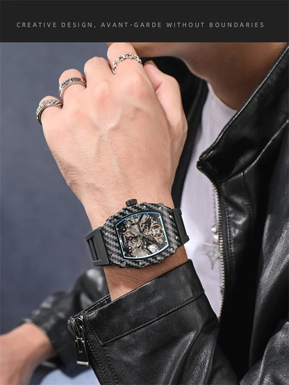 Tourbillion Mechanical Watch for Men Silicone Strap Skeleton Tonneau Automatic Mens Watches Top Brand Luxury Reloj Hombre