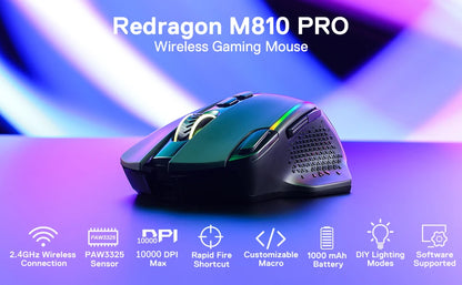 Rato Gaming Sem Fios Redragon M810 Pro, 10000 DPI, Rato Gamer com Fio c/ Tecla Rapid Fire, 8 Botões Macro, Rato Preto/Branco