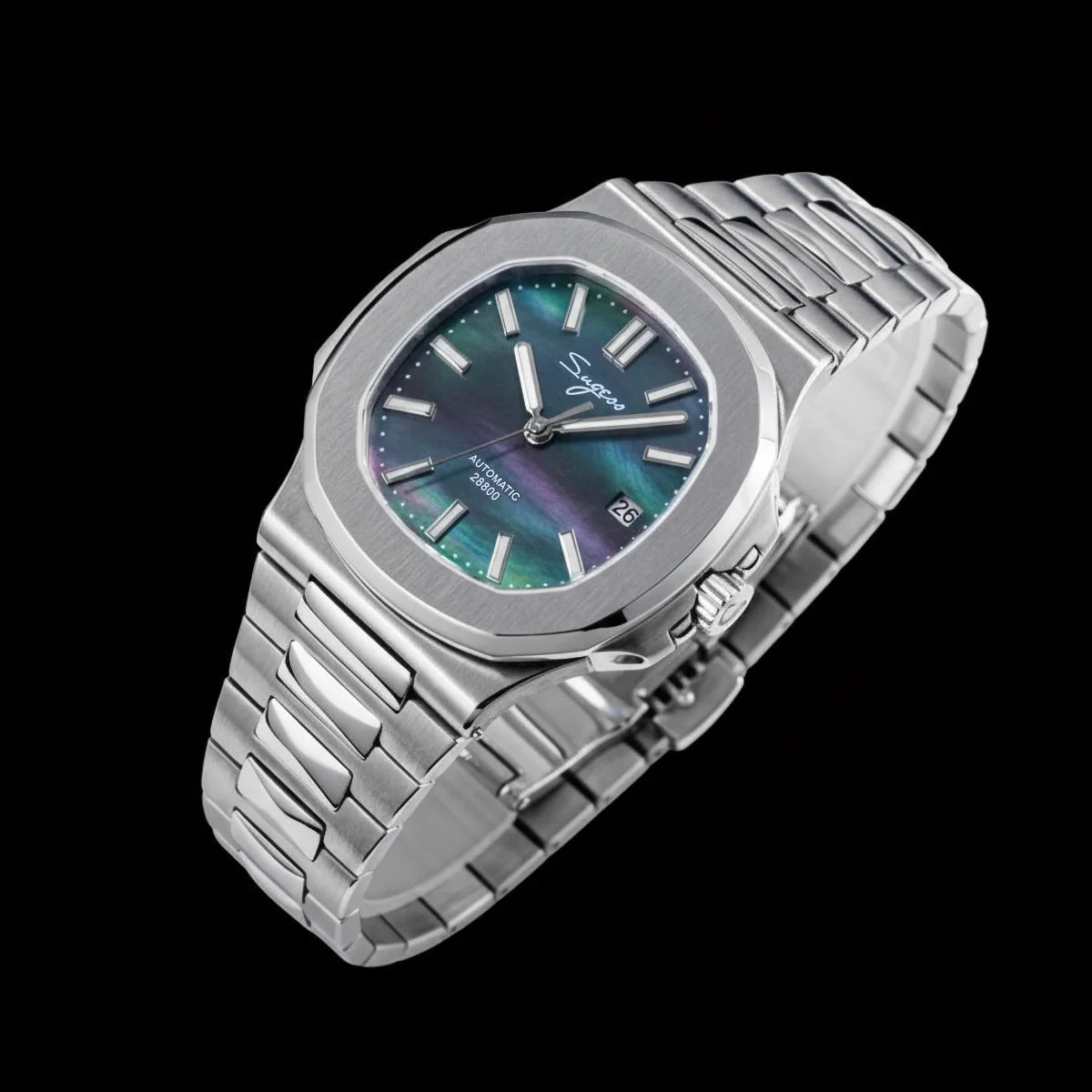 Sugess Herrenuhr, automatische mechanische Armbanduhr, Miyota 9015 Uhrwerk, MOP-Zifferblatt, Leuchtfunktion, wasserdicht bis 5bar, Luxus-Armband S466