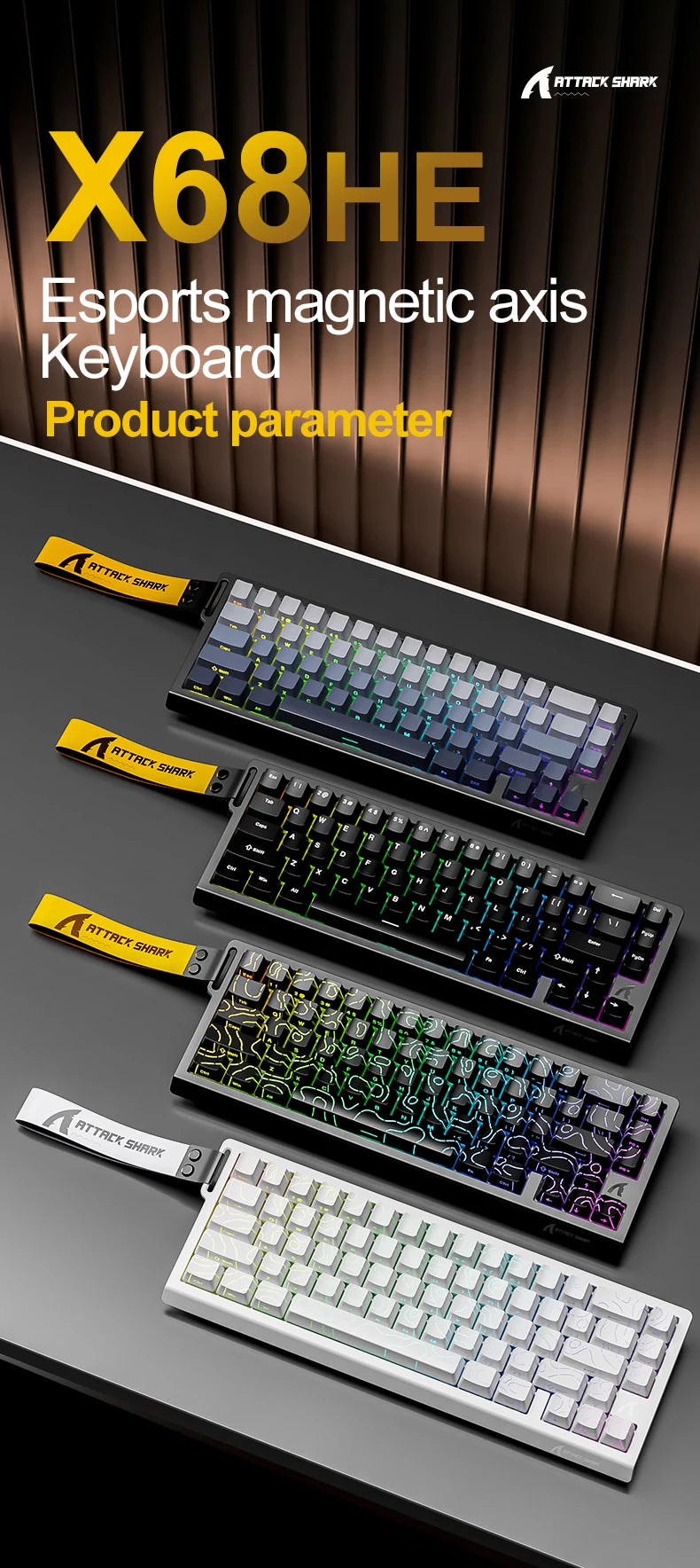 X68HE ATTACK SHARK Magnetic Gaming Keyboard Mechanical Wired for Pro Gaming 0.01mm Rapid Trigger 8000Hz SOCD/Rs 0.125ms 128K Rate