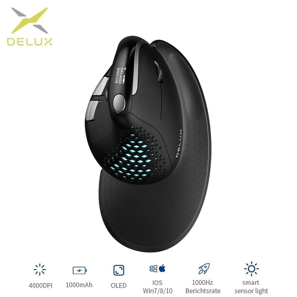 Rato Vertical Ergonómico Delux M618XSD Seeker com Ecrã OLED 4000DPI, Recarregável, 1000mA e Tampa Traseira Amovível para Computador