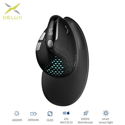 Rato Vertical Ergonómico Delux M618XSD Seeker com Ecrã OLED 4000DPI, Recarregável, 1000mA e Tampa Traseira Amovível para Computador