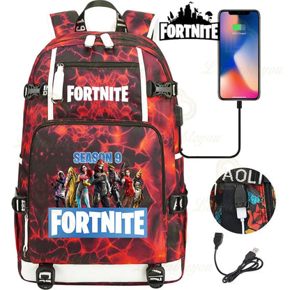 Ultima Knight F-Fortnited Battle Royale Rucksack mit USB-Ladeanschluss, Anime-Figuren und Studienfach für Schreibwaren für Schüler