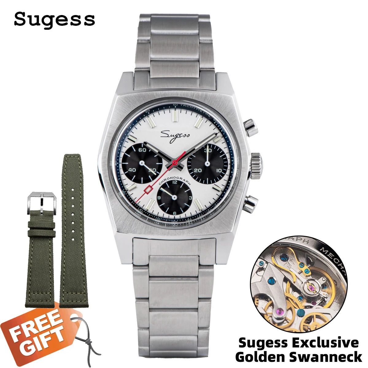 Sugess 37mm Men's Pilot Watches Original ST19 Chronograph Swanneck Mechanical Wristwatches Dome Sapphire Crystal Force Army 2024