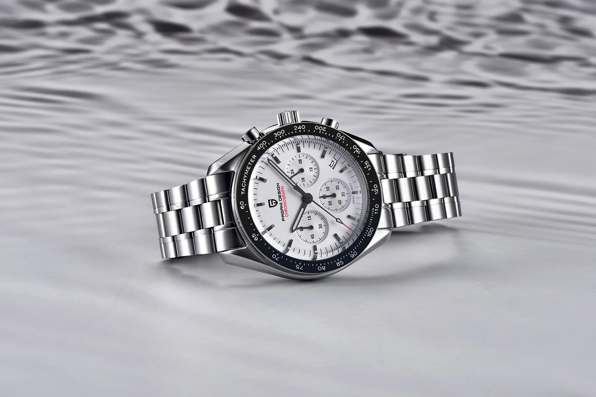Montre pour homme PAGANI DESIGN (nouveau modèle V5 PD1701) – Chronographe sportif de type « Speed » à quartz, verre saphir avec traitement antireflet, étanche jusqu'à 100 mètres.