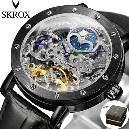 SKROX automatisch mechanisch polshorloge voor heren, skeletmodel met GMT-functie, maanfase en tourbillon – Elegant en origineel luxe horloge uit het topsegment.