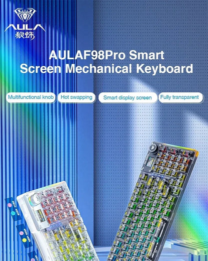 AULA F98PRO Wireless Mechanical Keyboard Transparent Keycaps RGB Backlit Custom 2.4G Hot Swappable Gaming Keyboard With Screen