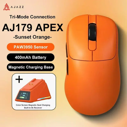 Ratón gaming inalámbrico Ajazz AJ179 APEX con base con pantalla a color, Bluetooth, PAW3395, batería de 400mAh, frecuencia de actualización de 8000Hz