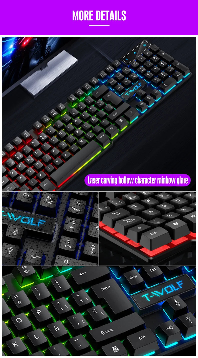 Teclado gaming com sensação mecânica, retroiluminado RGB, com fios, USB, para escritório e casa, com teclas multimédia, russo, espanhol, árabe e inglês