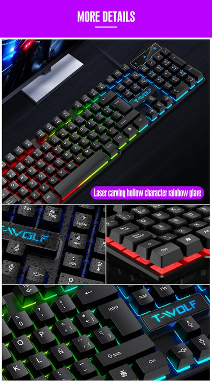 Teclado gaming com sensação mecânica, retroiluminado RGB, com fios, USB, para escritório e casa, com teclas multimédia, russo, espanhol, árabe e inglês