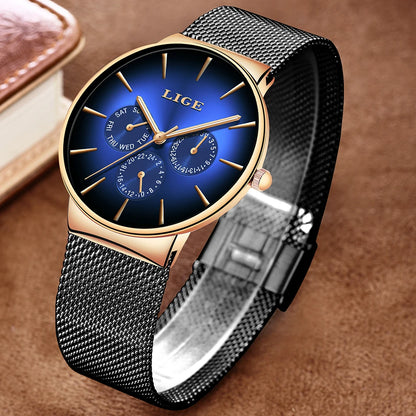 Montre pour femme LIGE, élégante et tendance – Style sport-décontracté, bracelet en maille, mouvement à quartz, affichage de la date et du jour, étanche.