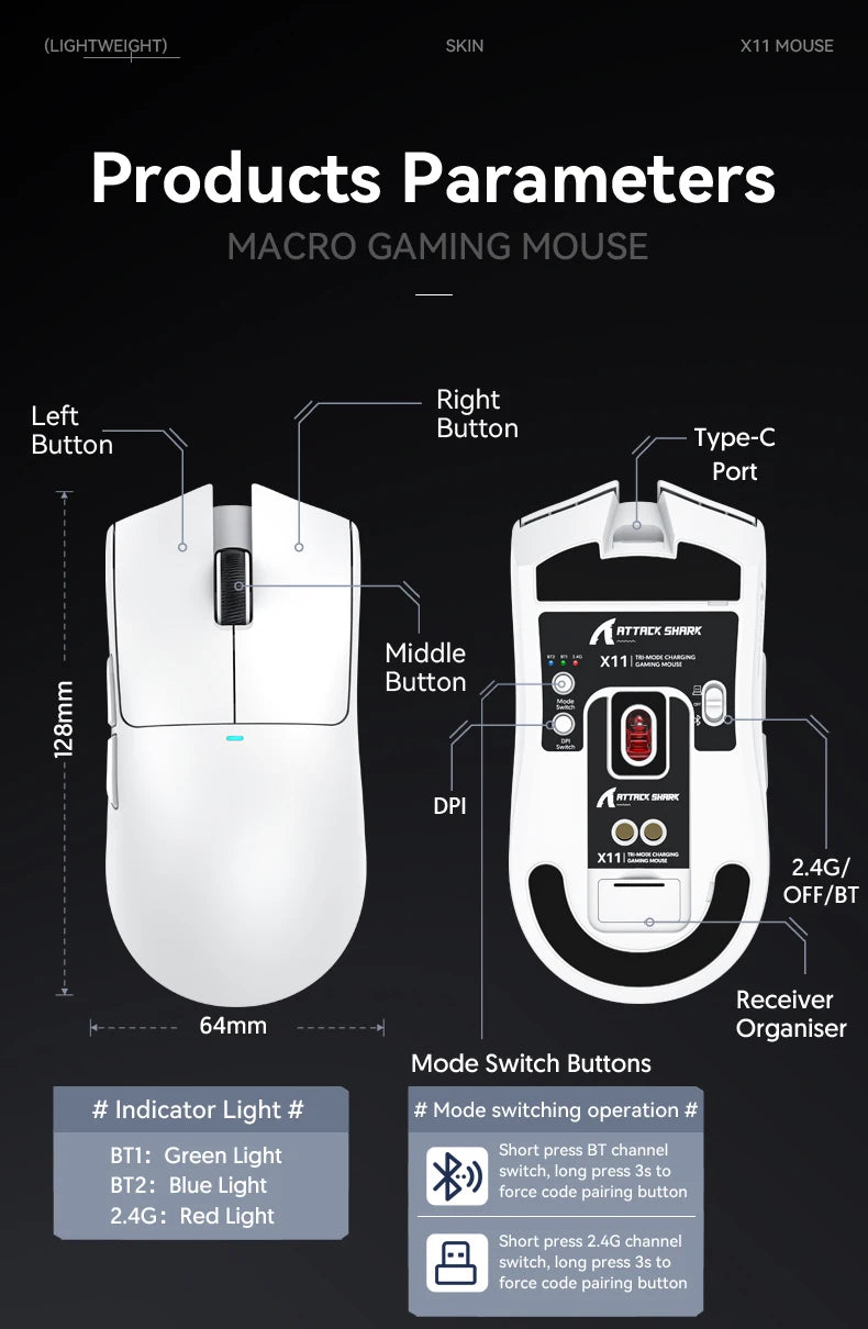 Attack Shark X11&R1 Tri-Mode-Bluetooth-Wireless-Maus mit Ladestation, RGB, ergonomische leichte Maus, PC-Gaming-Zubehör