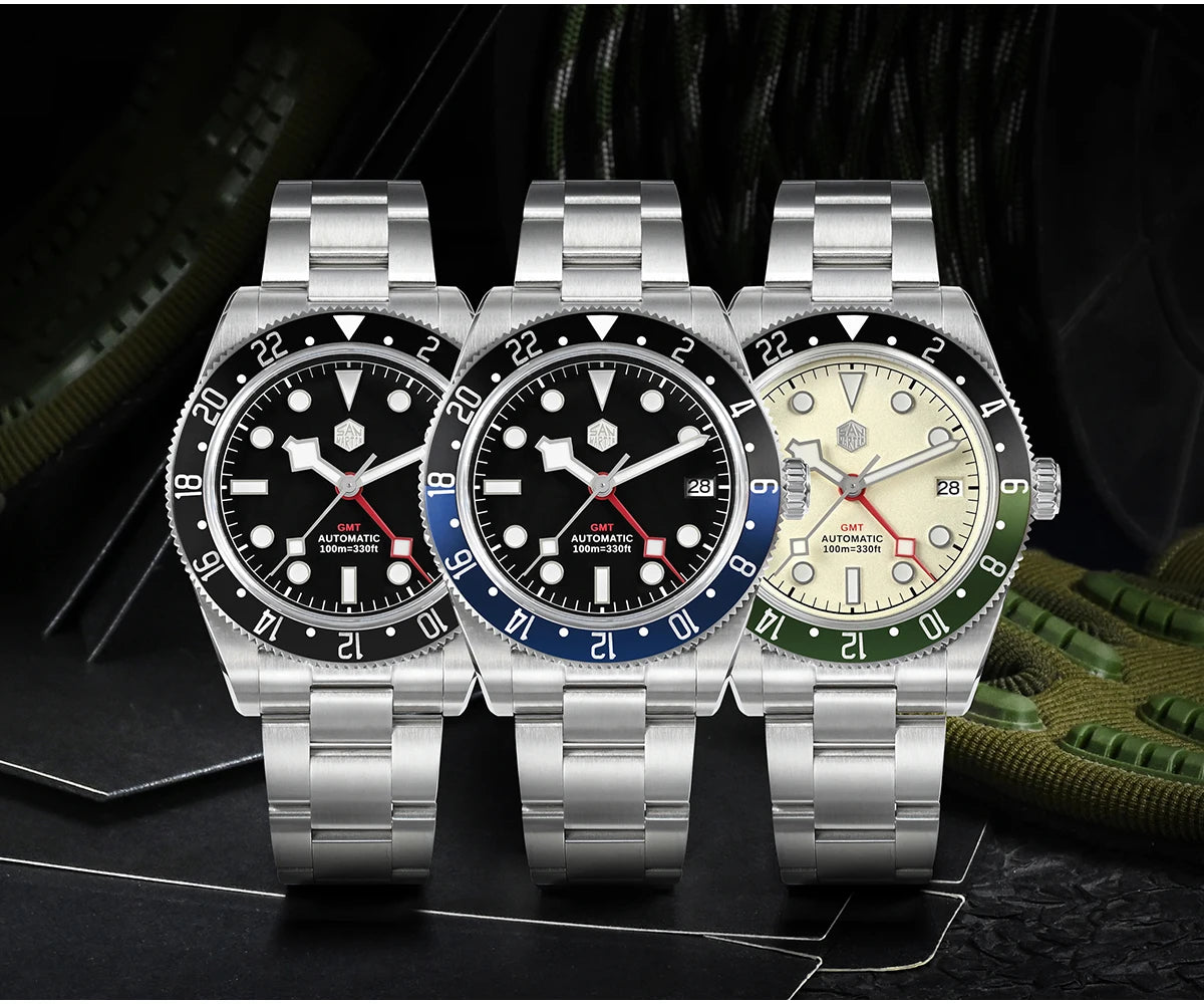 San Martin 39mm NH34 GMT Men's Luxury Watch Bidirectional Aluminum Bezel Automatic Mechanical Sapphire 100M Waterproof SN0109