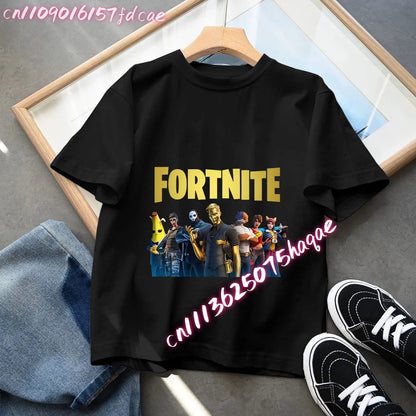T-shirt preta em algodão para criança Fortnites Fortress Night, manga curta, estilo cartoon, para menino e menina, roupa de verão kawaii, top para oferta