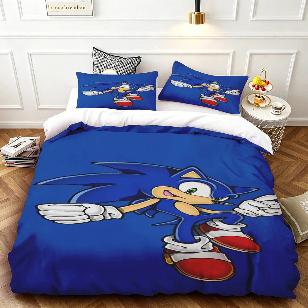 Cartoon Duvet Cover Set , Washable Cotton Bedding – S-Sonic-S The H-Hedgehog Movie Theme Student Bedroom Decor for All Seasons
