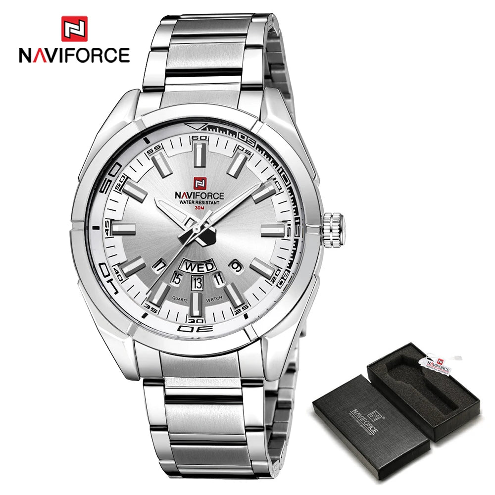 „NAVIFORCE“ vyriškas laikrodis, pagamintas iš plieno, atsparus vandeniui, kasdieniško stiliaus, su kvarciniu mechanizmu ir datos rodikliu – prabangus vyriškas rankinis laikrodis, pagamintas vienos iš pirmaujančių prekių ženklų.