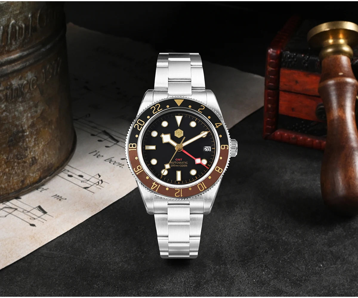 San Martin 39mm NH34 GMT Men's Luxury Watch Bidirectional Aluminum Bezel Automatic Mechanical Sapphire 100M Waterproof SN0109