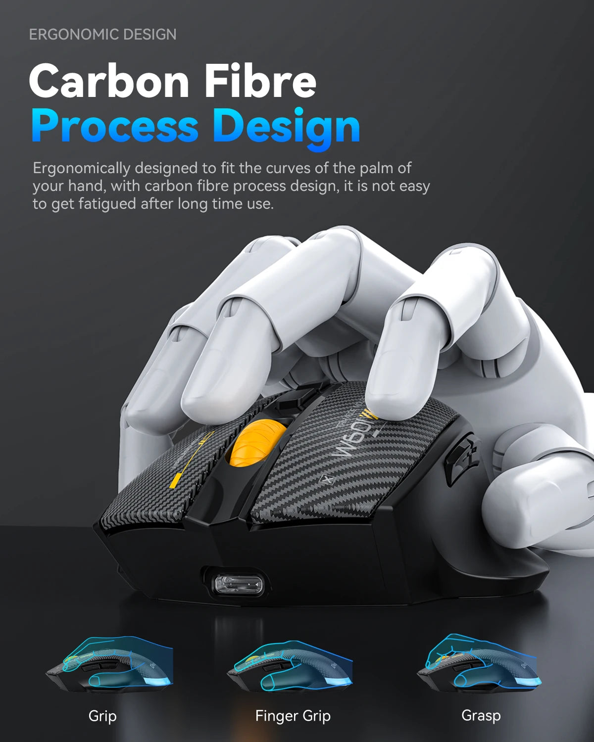 Mouse gaming tri-mode 12800DPI 2.4G Wireless Bluetooth cablato in fibra di carbonio, pulsante silenzioso, programmazione macro, 500mAh, 7 tasti