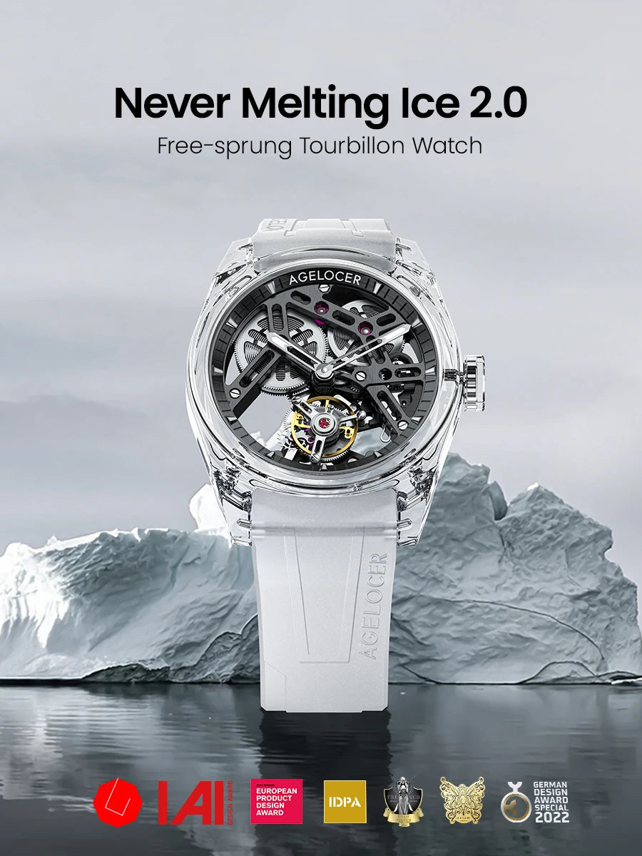 Orologio AGELOCER Limited Edition “Ice Never Melts” con tourbillon in cristallo a spirale libera, orologio meccanico manuale di lusso