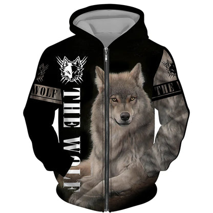Sweat à capuz com fecho e estampado 3D de lobo, estilo streetwear, para homem/mulher, casaco com capuz unissexo casual hip-hop
