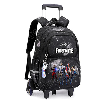 Mochila com Rodas Fortnite Anime, Impermeável, de Grande Capacidade, para Estudante — Saco Escolar Casual de Viagem com Carrinho e Subida Fácil de Escadas