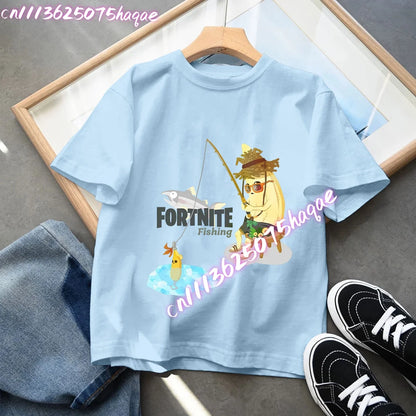 T-shirt azul de algodão Fortnite para criança, camisola de manga curta Fortress Night para bebé, top kawaii com desenho animado para menino e menina, roupa de verão, prenda