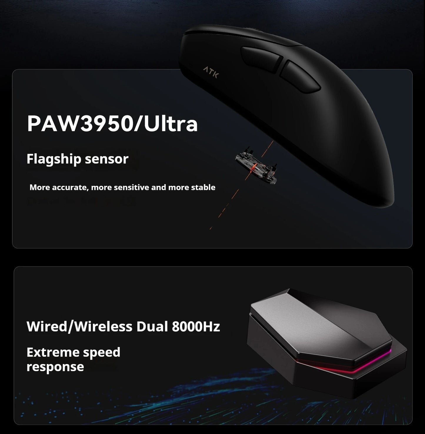 Rato Gaming Sem Fios ATK Z1 Pro Max Ultra com Pé Personalizado, PAW3950 Ultra Smart Speed Wireless, Taxa de Polling 8k e Baixa Latência de 0.39ms