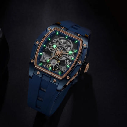 MEGIR men’s mechanical watch, tonneau shape, open-worked skeletonised dial, sporty style, silicone strap, luxury automatic watch