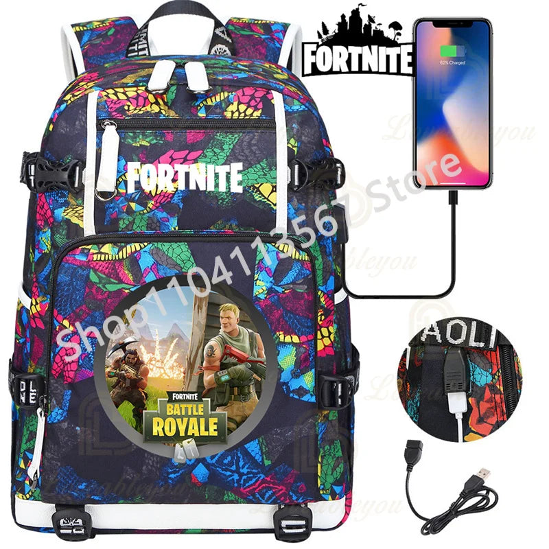 Ultima Knight F-Fortnited Battle Royale Rucksack mit USB-Ladeanschluss, Anime-Figuren und Studienfach für Schreibwaren für Schüler
