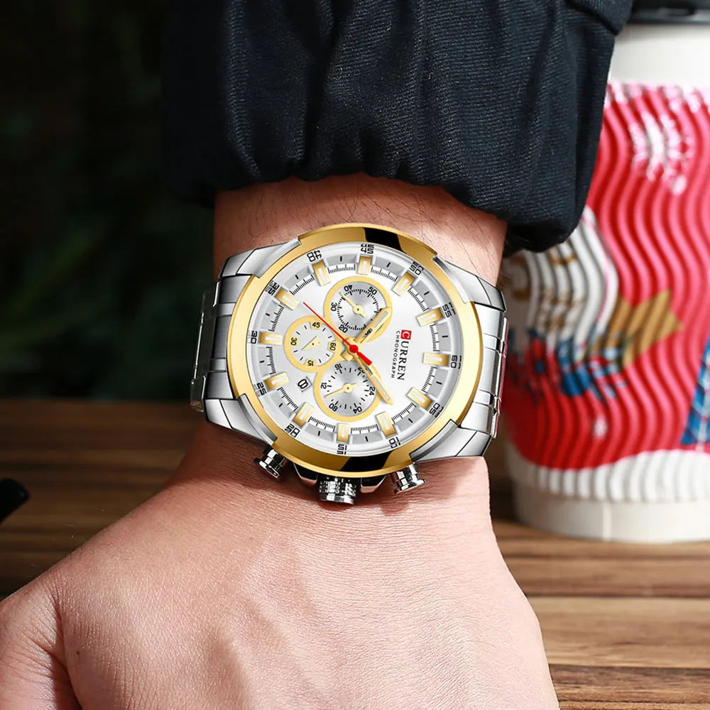 CURREN férfi kronográf óra, 48 mm-es nagy számlap, rozsdamentes acél karkötő, három kis számlap, kvarc sportkaróra, luxus stílus