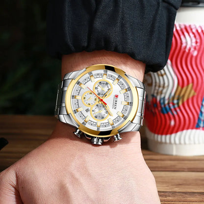 CURREN férfi kronográf óra, 48 mm-es nagy számlap, rozsdamentes acél karkötő, három kis számlap, kvarc sportkaróra, luxus stílus