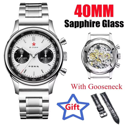 Red Star Panda Men's 1963 Chronograph Mechanical Wristwatch Seagull ST1901 Movement Gooseneck 40mm Luminous Sapphire Pilot Watch