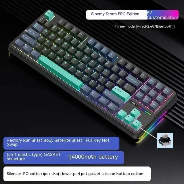 Tastiera meccanica AULA F87 Pro 2.4g/USB/Bluetooth Tri-Mode wireless, 87 tasti, RGB, PBT, gasket, silenziamento a 5 strati, full key, senza impatto
