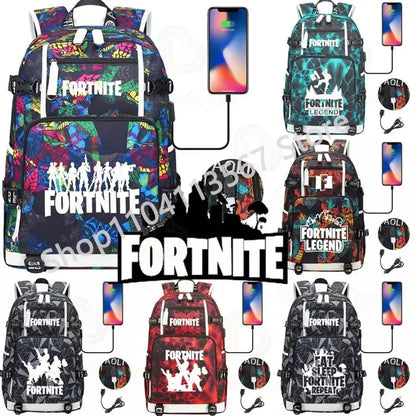 Mochila Yule Trooper F-Fortnited Battle Royale com carregamento USB, figuras anime e compartimento para material escolar para estudantes