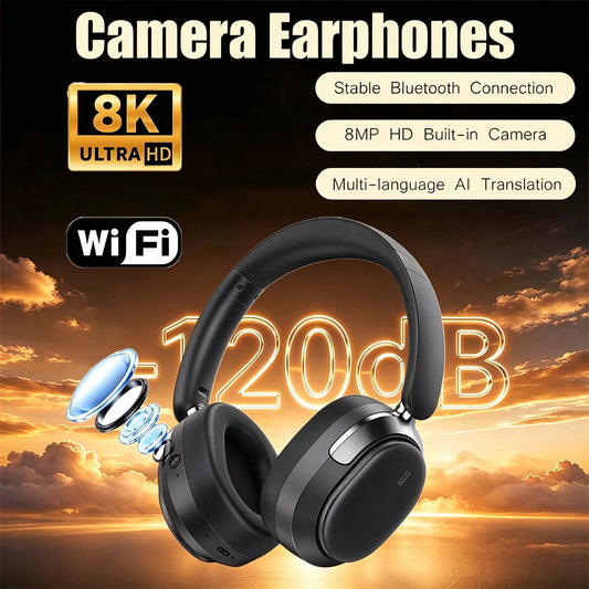 Casque audio supra-auriculaire intelligent avec caméra HD 8MP, reconnaissance d'objets par IA, traduction par IA, casque Bluetooth pour les voyages et les études