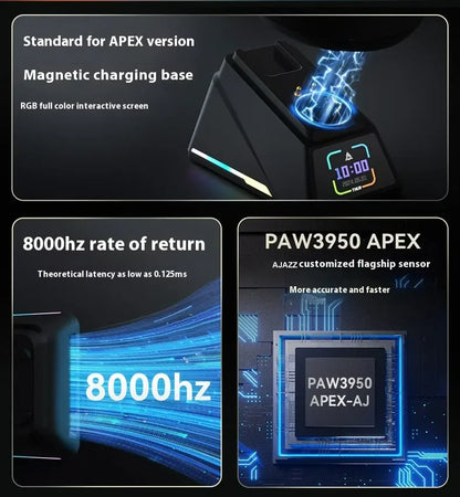 Ratón gaming inalámbrico Ajazz AJ179 APEX con base con pantalla a color, Bluetooth, PAW3395, batería de 400mAh, frecuencia de actualización de 8000Hz