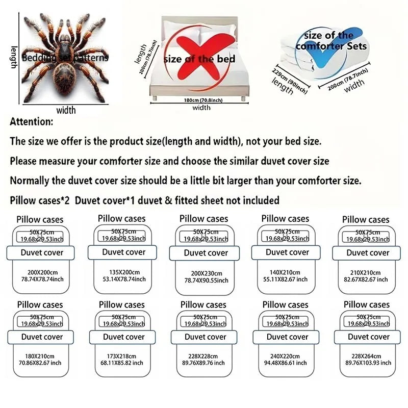 3D Furry Spider Close-up Pattern Duvet Cover Set Digital Print Colorful Polyester Bedding with Zipper Closure for Kids Gifts