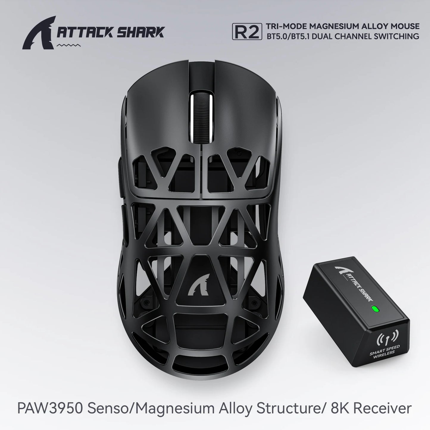Mouse da gaming wireless Attack Shark R2 PAW3950 8K in lega di magnesio, leggero, Bluetooth tri-mode per gaming/ufficio
