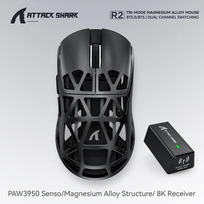 Mouse da gaming wireless Attack Shark R2 PAW3950 8K in lega di magnesio, leggero, Bluetooth tri-mode per gaming/ufficio