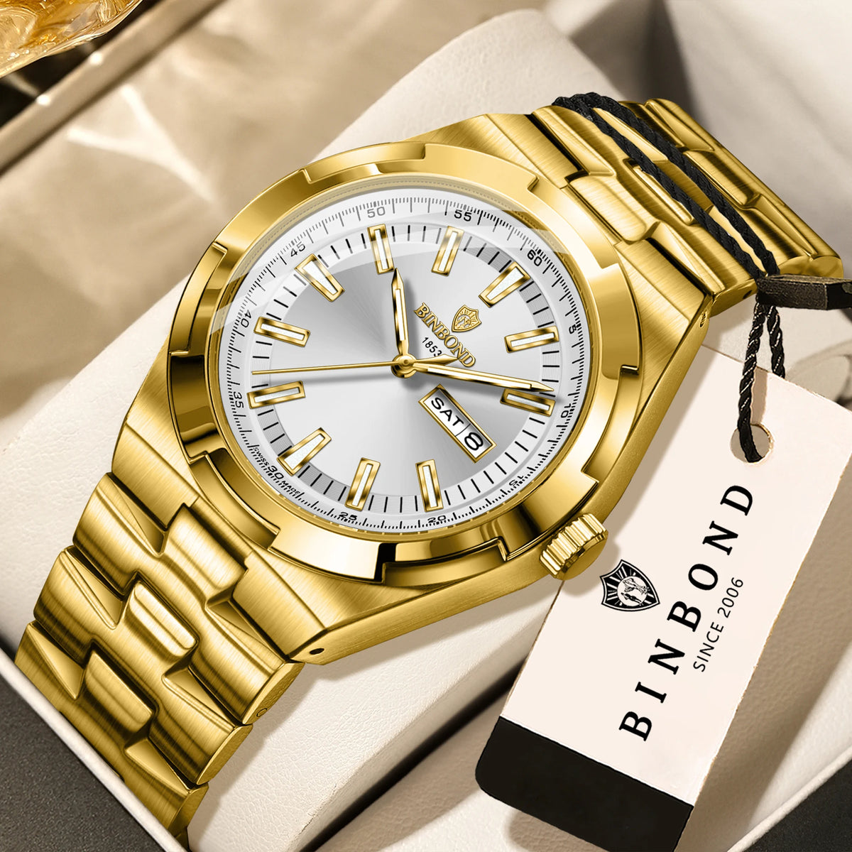 Montres à quartz BINBOND en acier inoxydable pour hommes – Montre de luxe, étanche et luminescente – Modèle original pour homme