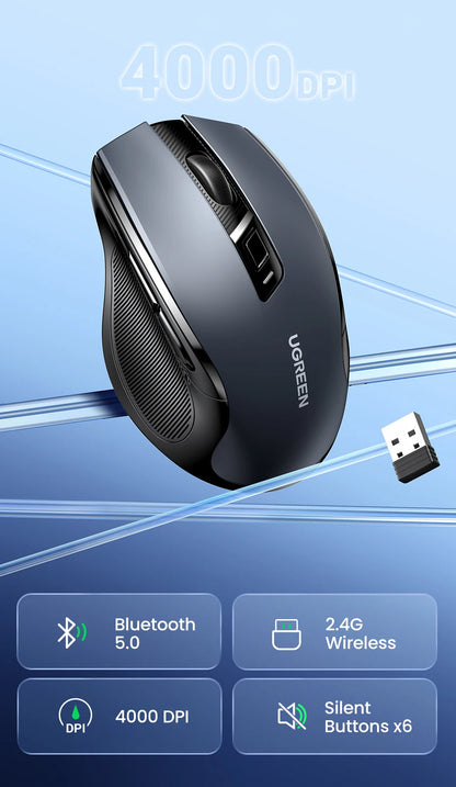 UGREEN kabellose Maus Bluetooth 5.0, ergonomische Maus 4000DPI mit 6 leisen Tasten, für MacBook, Tablet, Laptops, Computer, PC, 2.4G-Maus
