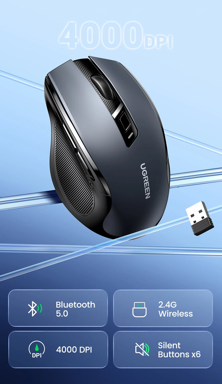 Ratón inalámbrico UGREEN Bluetooth 5.0 ergonómico 4000DPI con 6 botones silenciosos para MacBook, tabletas, portátiles, ordenador PC y conexión 2.4G