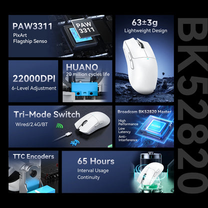 Ratón gaming inalámbrico ATTACK SHARK X11SE, trimodo, superligero de 63g con sensor PAW3311, 22000 DPI, batería de 300mAh, doble controlador