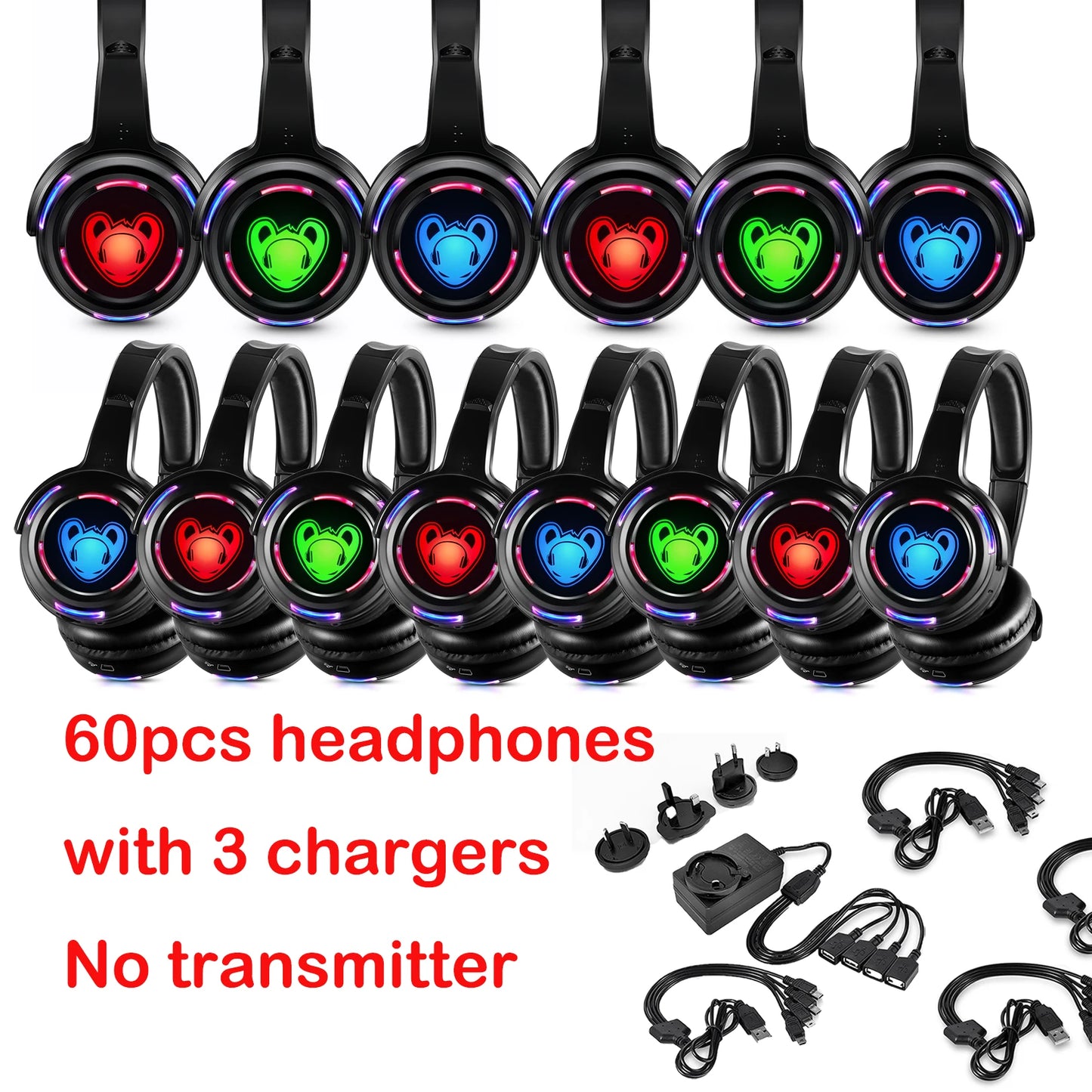 Cuffie wireless Silent Disco RF LED DJ Party 863–865MHz/915MHz con illuminazione LED a 3 canali e batteria da 10H