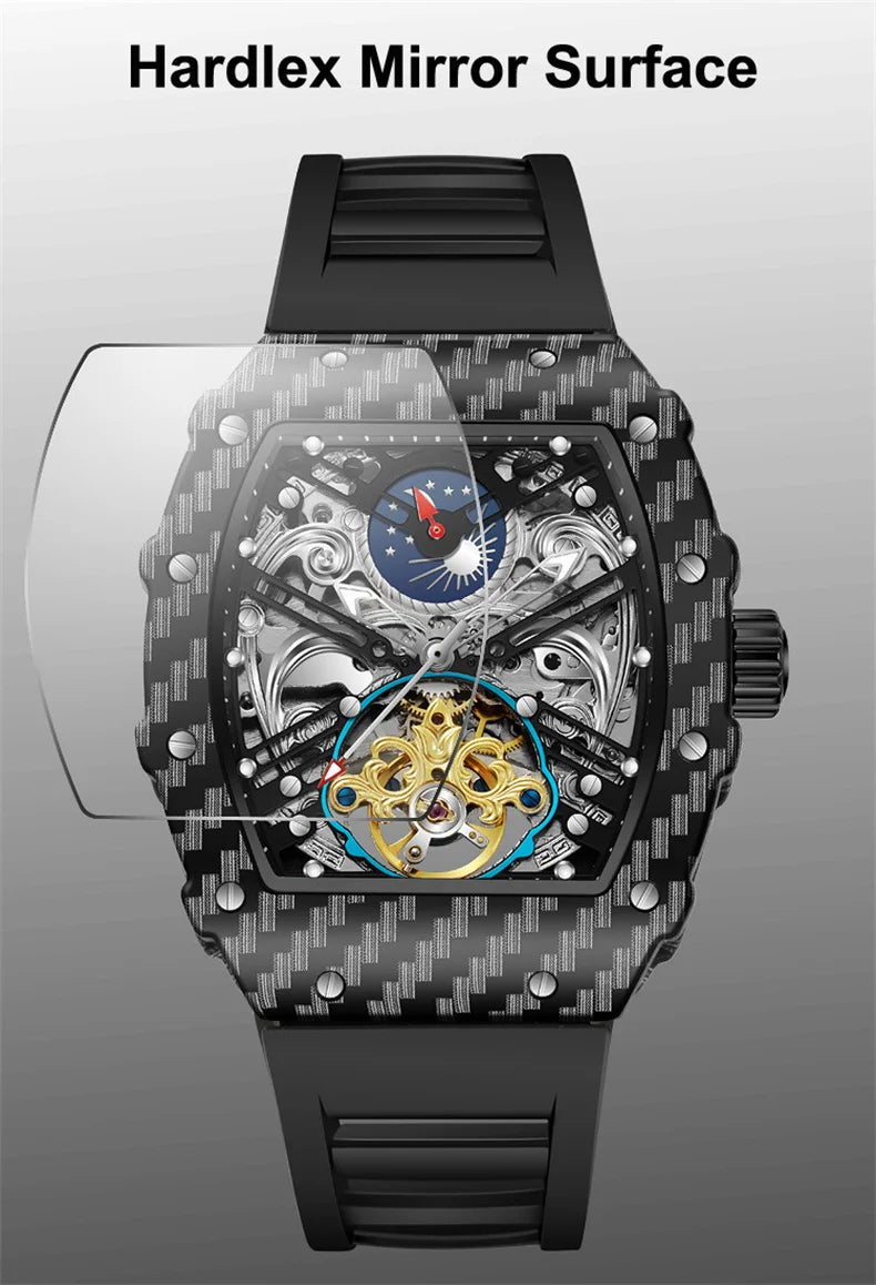 Tourbillion Mechanical Watch for Men Silicone Strap Skeleton Tonneau Automatic Mens Watches Top Brand Luxury Reloj Hombre