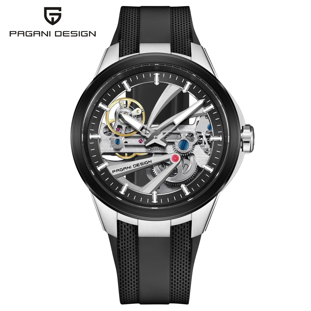 Zegarek męski PAGANI DESIGN – luksusowy model z mechanizmem automatycznym typu „skelet” (z widocznym mechanizmem), wyposażony w tourbillon, szkło szafirowe z powłoką antyrefleksyjną, wodoodporny i luminescencyjny.
