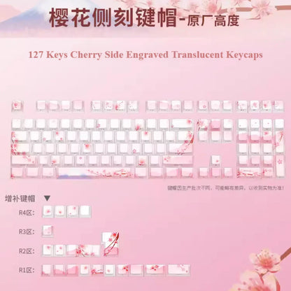 Set di keycap Sakura Pink con incisione laterale, PBT traslucido, 127 tasti, per switch MX e tastiere meccaniche 60/84/90/104/108