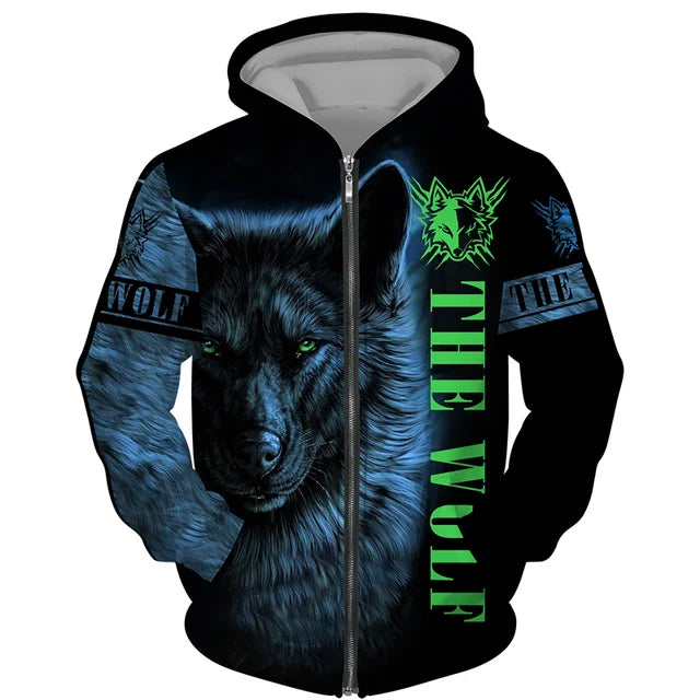 Sweat à capuz com fecho e estampado 3D de lobo, estilo streetwear, para homem/mulher, casaco com capuz unissexo casual hip-hop