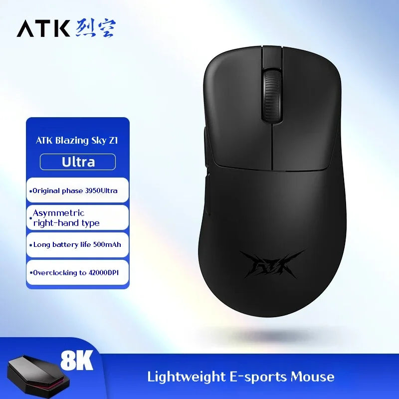 Rato Gaming Sem Fios ATK Z1 Pro Max Ultra com Pé Personalizado, PAW3950 Ultra Smart Speed Wireless, Taxa de Polling 8k e Baixa Latência de 0.39ms